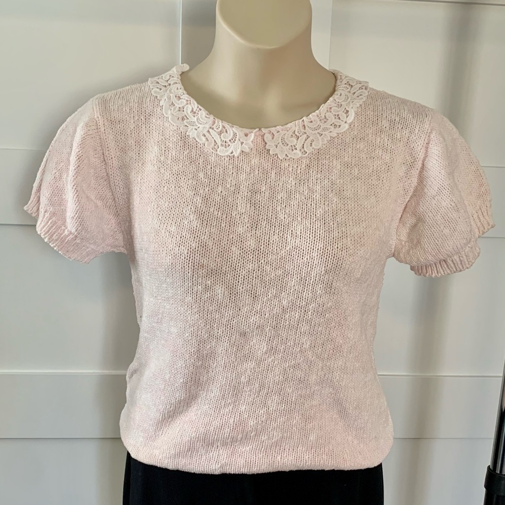 Pale Pink Vintage Sweater Vest Cottagecore Lace Collar Short Sleeve VNT Feminine